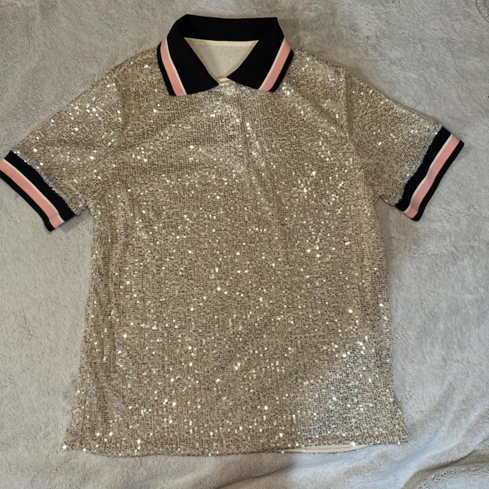 Silver sequin polo shirt with pink and black trim NEW LARGE - Picture 4 of 7